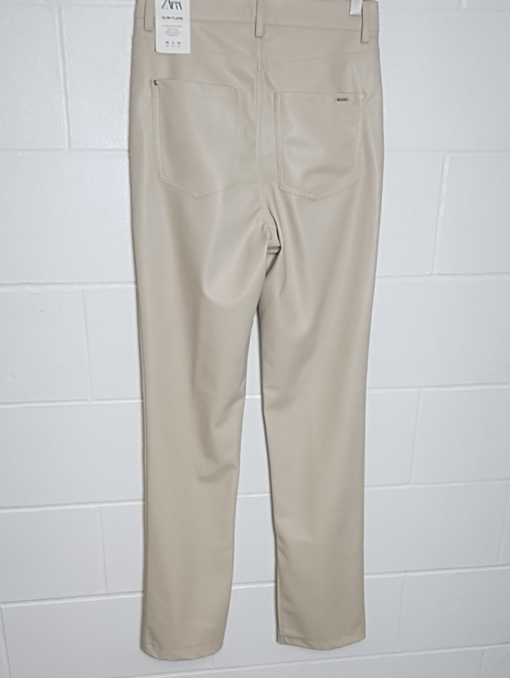 ZARA Beige Vegan Leasther Split Hem High Rise Slim Flare Pants 5 Pocket NWT 6